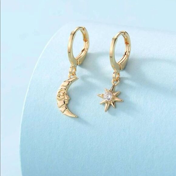 Gold Sun & Moon Drop Earrings - Picture 2 of 2